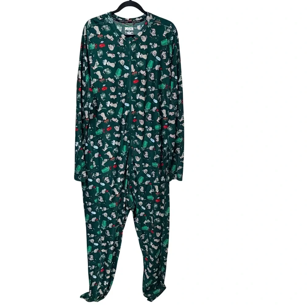 Duluth Trading Co Go Buck Naked Mens XL Union Suit Raccoon Holiday Green Zip